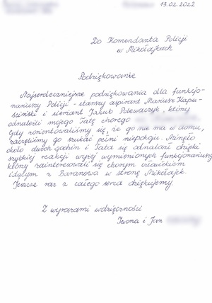 list z podziękowaniami od rodziny dla policjantów