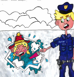 narysowany obrazek dziecka pod którym zarwał się lód i wpadło do wody a z prawej strony stojący policjant, który podaje mu rękę