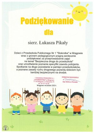 Podziękowania z Przedszkola Stokrotka w Mrągowie dla Łukasza pikały