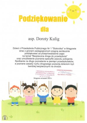 Podziękowania z Przedszkola Stokrotka w Mrągowie dla doroty kulig