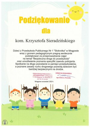 Podziękowania z Przedszkola Stokrotka w Mrągowie dla krzysztofa sieradzińskiego