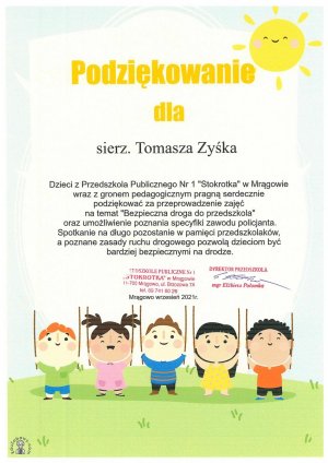 Podziękowania z Przedszkola Stokrotka w Mrągowie dla Tomasza zyśka