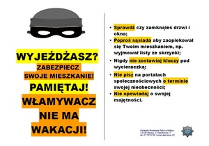 obrazek czapki i maski i napis wyjeżdżasz na wakacje zabezpiecz swoje mieszkanie! Pamiętaj włamywacz nie ma wakacji!