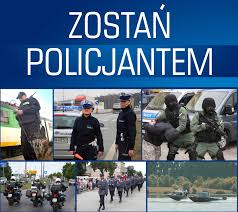 napis zostań policjantem na niebieskim le a poniżej zdjęcia przedstawiające policjantów podczas pełnienia służby