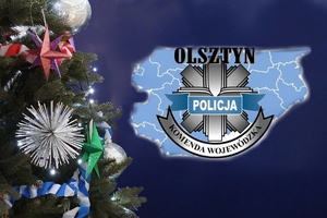 z lewej strony choinka z prawej zaznaczony fragment województwa warmińsko- mazurskiego i napis Olsztyn Policja Komenda Wojewódzka