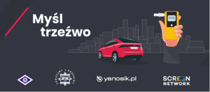 napis myśl trzeźwo i obrazek czerwonego samochodu i ręki z żółtym alkomatem