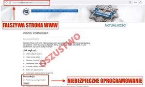 screen podrobionej strony internetowej, która jest na czerwono przekreślona i napis na czerwono oszustwo