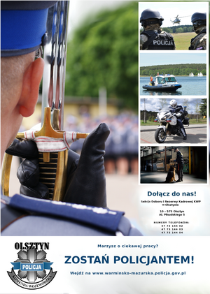 kolaż zdjęć z policjantami, łodzią policyjną, policyjnym motocyklem, policjant z psem służbowy i napis Zostań policjantem a z lewej strony logo warmińsko-mazurskiej Policji