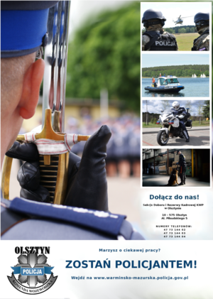 kolaż zdjęć z policjantami, łodzią policyjną, policyjnym motocyklem, policjant z psem służbowy i napis Zostań policjantem a z lewej strony logo warmińsko-mazurskiej Policji