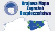 fragment mapy Polski z zaznaczonym województwem warmińsko-mazurskim i u góry napis Krajowa Mapa Zagrożeń Bezpieczeństwa