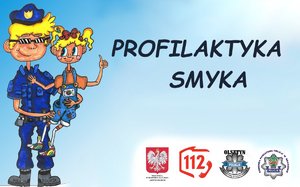rysunek policjanta trzymającego na ręce dziewczynkę Polę i napis z prawej strony Profilaktyka Smyka