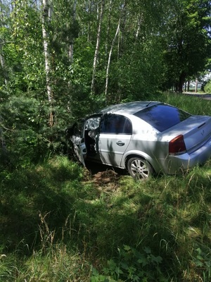 w rowie stojący samochód osobowy opel vectra, którego przód jest w krzakach