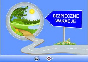obrazek na którym widać drogę przy jeziorze i plażę, obok drogowskaz koloru niebieskiego z napisem bezpieczne wakacje