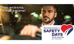 zdjęcie mężczyzny siedzącego za kierownicą samochodu i napis w lewym górnym rogu &quot;tego września nastąpi zmiana&quot;. ROADPOL Safety Days 16-22 września