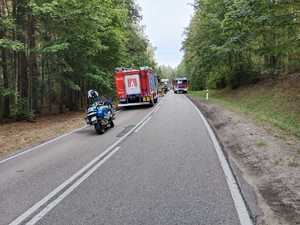 stojący na drodze motocykl policyjny, za nim stoi wóz strażacki. Przed wozem strażackim stoją inne pojazdy