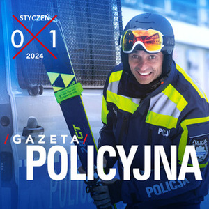 pierwsza strona gazety policyjnej na której jest policjant trzymający narty