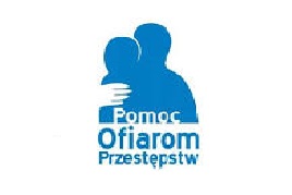 Sylwetki koloru niebieskiego dwóch osób i napis Pomoc Ofiarom Przestępstw