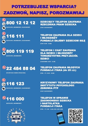 Plakat z numerami telefonów i napis potrzebujesz wsparcia? zadzwoń, napisz, porozmawiaj