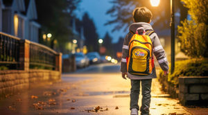 chłopiec z plecakiem idący ulicą po zmroku