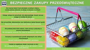 ulotka z radami dotyczącymi przedświątecznych zakupów a z prawej strony pisanki w koszyku zakupowym
