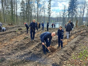 policjanci sadzą w lesie sadzonki drzew. Obok nich jest młodzież