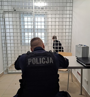 przy birku tyłem siedzi policjant, za kratami siedzi zatrzymany mężczyzna