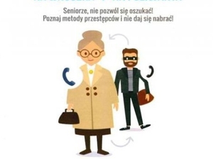 obrazek seniorki i złodzieja i napis "seniorze, nie pozwól się oszukać. Poznaj metody przestępców i nie daj się nabrać"