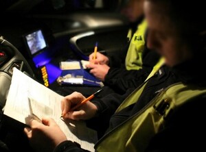 policjanci ruchu siedzący w radiowozie, wypisujący mandat