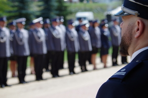 policjanci stojący w szyku a przed nimi dowódca