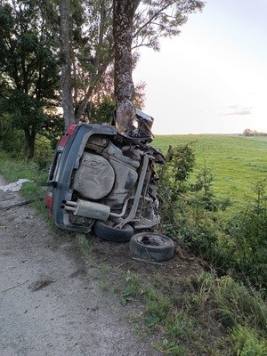 samochód osobowy rozbity na drzewie