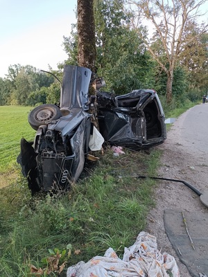 samochód osobowy rozbity na drzewie