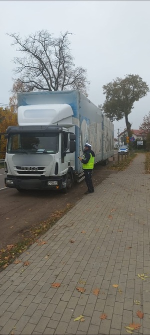 policjant stojący przy pojeździe ciężarowym