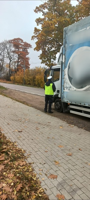 policjant ruchu drogowego stojący przy ciężarówce