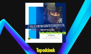 strona reklamująca podcast na niej policyjny kontrterrorysta i napis podcast z policyjnym kontrterrorystą