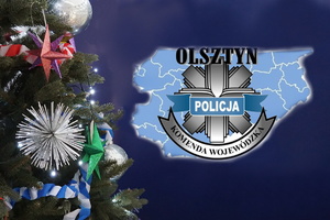 z lewej strony choinka a z prawej napa województwa warmińsko-mazurskiego i logo Komendy Wojewódzkiej Policji w Olsztynie