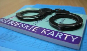 kajdanki leżące na książce z napisem Niebieska Karta