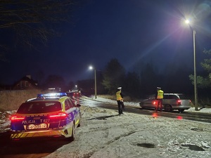 z lewej strony stoi radiowóz a na drodze policjant zatrzymuje pojazd do kontroli trzeźwości