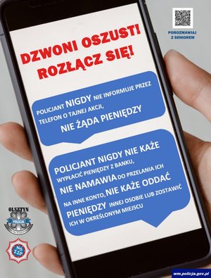 obrazek telefonu i napis na wyświetlaczu Dzwoni oszust rozłącz się!