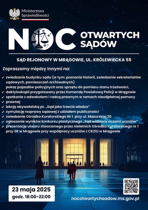 plakat z napisem Noc Otwartych Sądów i program wydarzenia