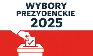 napis wybory prezydenckie 2025 i obrazek ręki wkładającej kartę do urny