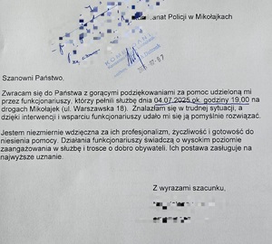 Podziękowania dla mikołajskich policjantów