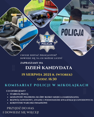 plakat informujący o Dniu Kandydata w Komisariacie Policji w Mikołajkach
