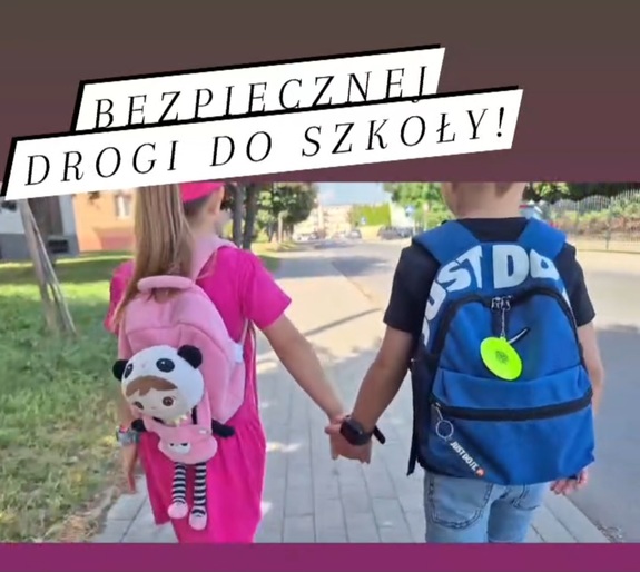 chłopiec i dziewczynka idą za rękę i napis bezpiecznej drogi do szkoły