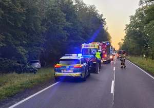 na jednym pasie ruchu stoi radiowóz policyjny a przed nim wozy strażackie, obok nich stoi policjant i strażak. Z lewej strony w zadrzewieniach na poboczu widać biały samochód