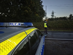 policjant stojący na drodze, daje sygnał czerwonym światłem do zatrzymania. Na pierwszym planie radiowóz