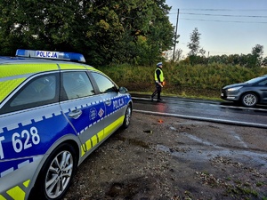 policjant stojący na drodze, daje sygnał czerwonym światłem do zatrzymania. Na pierwszym planie radiowóz