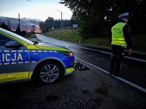 policjant stojący na drodze. Na pierwszym planie radiowóz