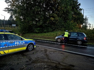 policjant stojący na drodze, kontroluje pojazd. Na pierwszym planie radiowóz