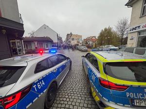 dwa stojące obok siebie radiowozy z włączonymi sygnałami świetlnymi a w tle uczestnicy Marszu Niepodległości