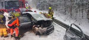 strażacy i ratownicy medyczni udzielają pomocy osobie rannej w wypadku